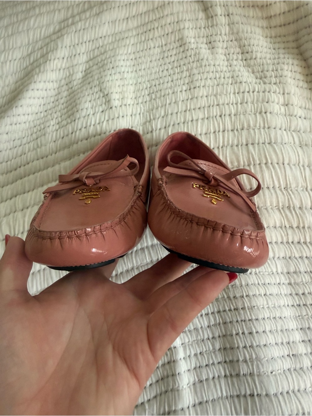 Prada Dusty Rose Leather Bow Loafers with Gold Logo - Picture 8 of 8